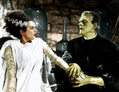 Boris and Elsa, The Bride of Frankenstein Movie Couples Costumes, Bride Of Frankenstein Costume, Elsa Lanchester, Frankenstein Costume, Patrick Ewing, Boris Karloff, Spooky Movies, Hollywood Photo, Hallowen Costume