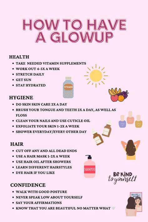 Looking to glow up? Here’s a great list to help you out with some ideas. There are some ideas to help you with your confidence, health, hygiene, and hair care. Tips For Girls Self Care, Hair Glow Up Tips, Glow Up Hair, Glowup Tips, Cold Showers, Motivational Tips, Body Tips, Beach Instagram Pictures, Beach Instagram