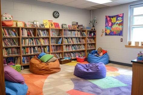 Comfy Classroom, Reading Nook Classroom, Felt Panels, Children Library, A Reading Nook, Bean Bags, A Classroom, Bean Bag, Reading Nook