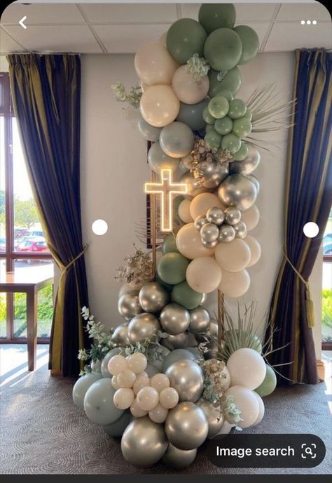 Adult Baptism Party Ideas, First Communion Balloon Garland, White And Gold Baptism Decorations, First Birthday And Baptism Ideas For Boy, Confirmation Balloon Decor, Baptism Backdrop Boy, Easter Planter Ideas, Pom Poms Diy, Easter Church Decorations