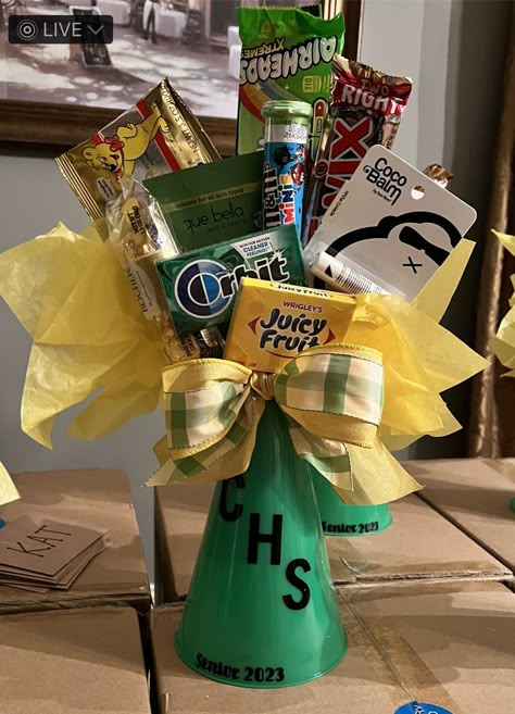 Cheerleaders Gifts Ideas, Cheer Megaphone Candy Bouquet, 8th Grade Cheer Night Gifts, Cheer Banquet Gifts Ideas, Cheer Gifts For Seniors, Cheer Senior Night Gifts Baskets Ideas, 8th Grade Cheer Night, 8th Grade Night Cheer Gifts, Senior Gift Ideas Sports