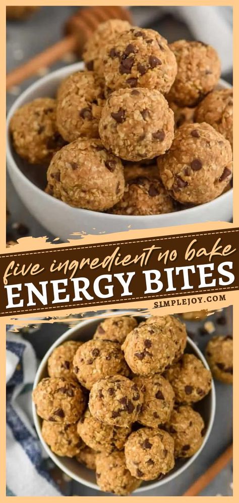 Five Ingredient No Bake Energy Bites, healthy snack ideas, healthy recipes Oatmeal Energy Bites, Peanut Butter Energy Balls, No Bake Energy, Peanut Butter Energy Bites, Protein Balls Recipes, Energy Bites Recipes, No Bake Energy Bites, Healthy Protein Snacks, Energy Ball Recipe