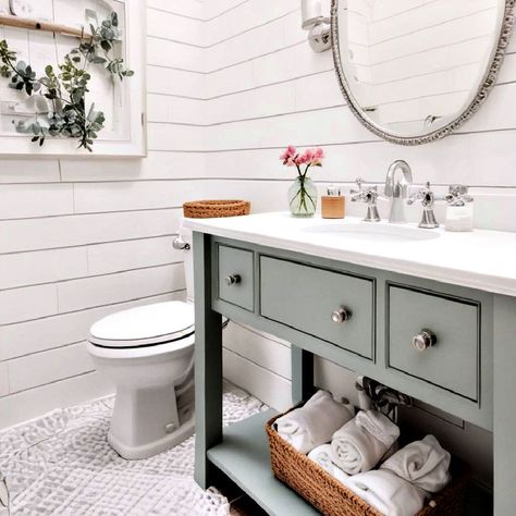 40 Shiplap Bathroom Ideas You'll Want to Try Small Bathrooms With Shiplap, Shiplap In Powder Room, Small Bathroom Shiplap Walls, Ship Lapped Bathroom, White Shiplap Bathroom, Bathroom Shiplap Wall, Shiplap Bathroom Ideas, 1950 Bathroom, Paneling Sheets