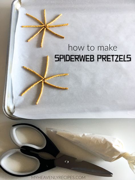 Chocolate Spiderweb Pretzels- cute easy halloween treats to make for the kids! Use pretzel sticks and chocolate to make the coolest dessert idea for a party. Spiderweb Pretzels, Chocolate Spider Web, Easy Halloween Treats To Make, How To Make Spiders, Chocolate Spiders, Easy Halloween Treats, Halloween Treats To Make, Treats To Make, Bread Sticks