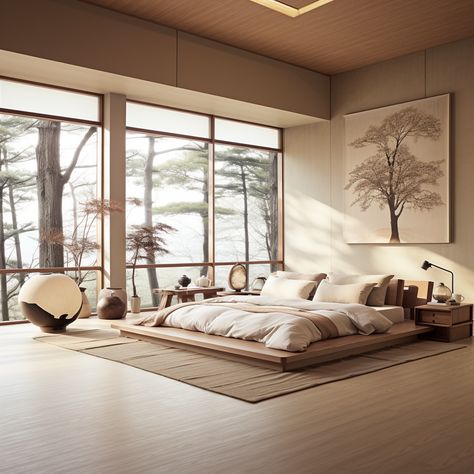 Asian Home Decor Japanese Style Master Bedrooms, Japanese Home Bedroom, Japanese House Inspiration, Japanese Home Inspiration, Zen Japanese Interior, Naturalistic Interior Design, Asian Inspired Interior Design, Naturalistic Bedroom, House Design Japanese Style