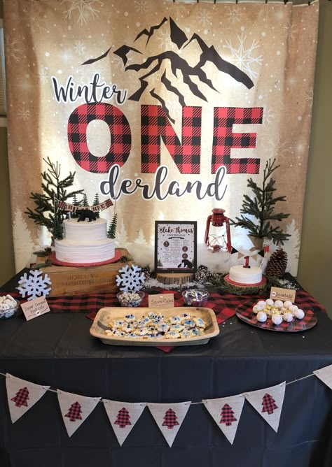 Winter Bear Birthday Party, One Year Old Birthday Party Christmas Theme, New Years First Birthday Boy, Winter Lumberjack First Birthday, 1st Birthday Party Ideas Christmas, Holiday Themed First Birthday, December 1 Year Birthday, First Birthday Party Winter Theme, 1st Birthday Party Christmas Theme