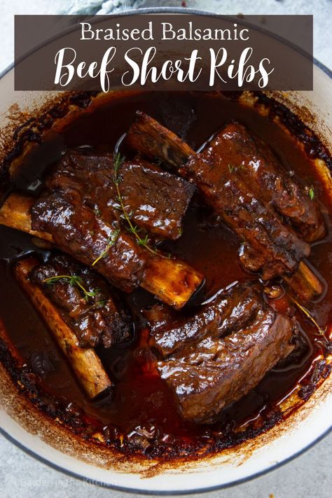 Tender juicy meat and caramelized onions make this recipe for Balsamic Braised Short Ribs perfect for a chilly evening. With just 20 minutes of hands on time, you can tackle the rest of your to-do list and enjoy this comforting and hearty dish a few hours later. Balsamic Braised Short Ribs, Beef Short Rib Recipes Instant Pot, Short Ribs Mushrooms, Braising Ribs, Short Rib Sauce, Balsamic Short Ribs, Boneless Short Ribs Recipe, Chicken Mull, Short Ribs Dutch Oven