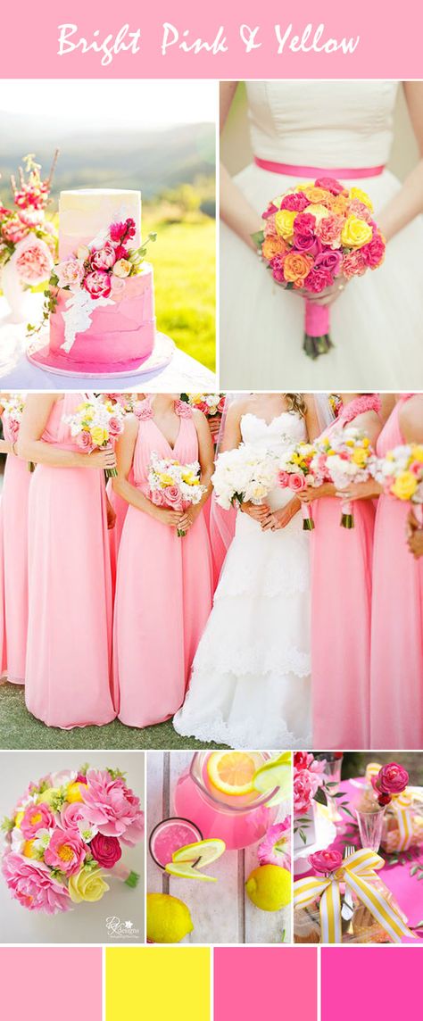 elegant bright pink and yellow wedding inspiration Pink And Yellow Wedding, Pink Yellow Weddings, Bright Pink Wedding, Yellow Wedding Cake, Yellow Wedding Colors, Yellow Wedding Inspiration, Yellow Wedding Theme, Bright Wedding Colors, Wedding Color Scheme