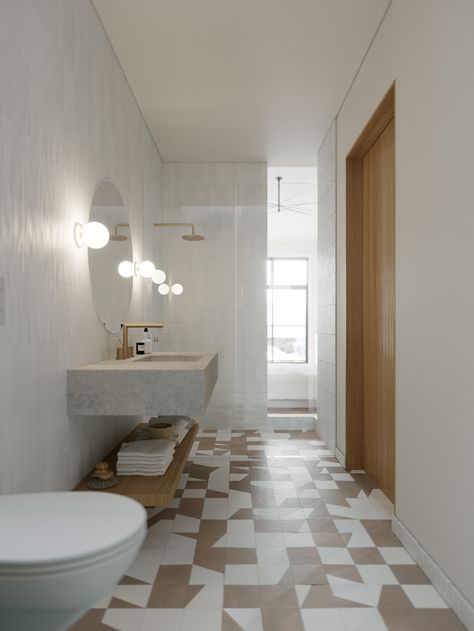 Ascent Hotel Interior Design - Sarah Sherman Samuel Sarah Sherman, Sarah Sherman Samuel, Serene Bathroom, Tile Design Pattern, Architecture Bathroom, Hotel Interior Design, Bathroom Inspiration Decor, Upstairs Bathrooms, Kitchen Floor Tile