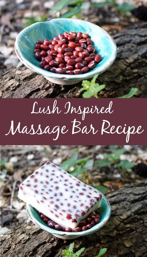 Sore muscle massage bar. Lush dupe massage bar for sore muscles with essential oils and massaging adzuki beans. A natural home remedy for sore muscle pain relief. This Lush inspired massage bar recipe is so easy to make and only requires a few simple ingredients to create your own massage bars at home! This DIY pain relief massage bar recipe was inspired by Lush's Wiccy Magic Muscles Massage Bar. #massagebar #painrelief #lushdupe Savon Diy, Massage Bar, Adzuki Beans, Massage Bars, Lush Products, Diy Kosmetik, Dark Angels, Diy Scrub, Bar Recipe