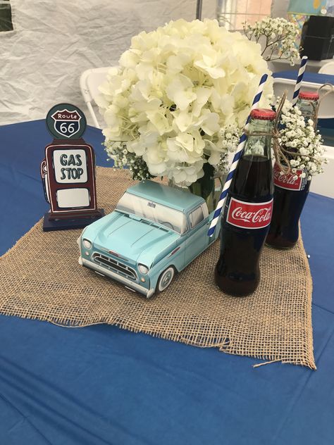 Vintage Car Party Ideas, Classic Car Birthday Party Ideas For Men, Classic Car Wedding Decorations, Classic Car Retirement Party, Classic Car Centerpieces Ideas, Car Theme Centerpiece Ideas, Truck Centerpieces Ideas, Classic Car Baby Shower Theme, Vintage Car Baby Shower Theme