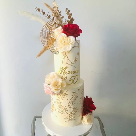 50th Birthday cake Two Tier Birthday Cake For Women Elegant, Gold Two Tier Cake, 50th Birthday Cake Ideas For Women, Two Tier Cake Designs, Sweet Bakes, Tiered Cakes Birthday, Tiered Cake Design, Three Tier Cake, Two Tier Cake