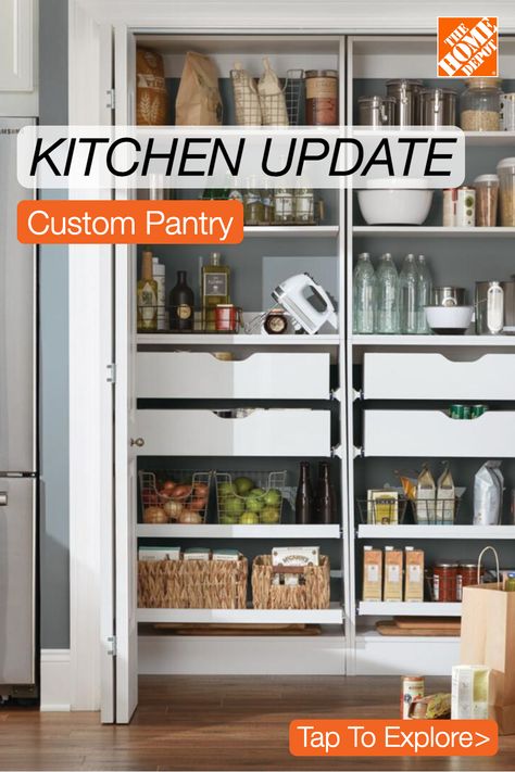 Make meal times easier and upgrade your kitchen with a custom pantry storage solution designed just for you. Expert design consultants at The Home Depot will help create an organized, clutter-free space that enhances your home decor while adding valuable functionality to the most important area in your home. Tap to learn more. Unique Kitchen Storage, Home Depot Pantry Cabinet, Kitchen Pantry Cabinets Built Ins, Home Depot Kitchen, House Pantry, Custom Pantry, Pantry Remodel, Pantry Makeover, Lake House Kitchen