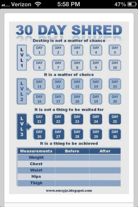 30 day shred tracking chart 30 Day Shred, Jillian Michaels, Body Training, Lets Do It, 30 Day Challenge, I Work Out, Get In Shape, Workout Challenge, Fitness Diet