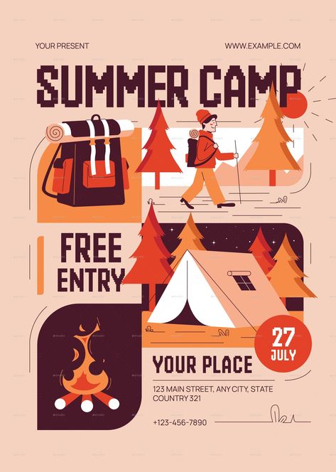 Brown Creative Summer Camp Flyer Camping Graphic Design, Camping Poster Design, Desi Collage, Retreat Flyer, Camp Poster, Summer Movie Night, Camping Illustration, Camp Flyer, Graphic Design Portfolio Layout