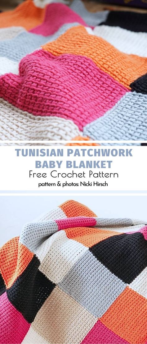 Tunisian Patchwork Baby Blanket  While talking about patchwork crochet projects, we couldn't go without a delightful pattern for a baby blanket, right? Of course not! This one is based on large squares in contrasting colors. It gives you the opportunity to learn an easy color shift in Tunisian crochet. Awesome, right? Entrelac Crochet, Crochet Patchwork Blanket, Tunisian Crochet Free, Tunisian Crochet Blanket, Patchwork Baby Blanket, Patchwork Crochet, Blankets Crochet, Patchwork Throw, Crochet Tunisian