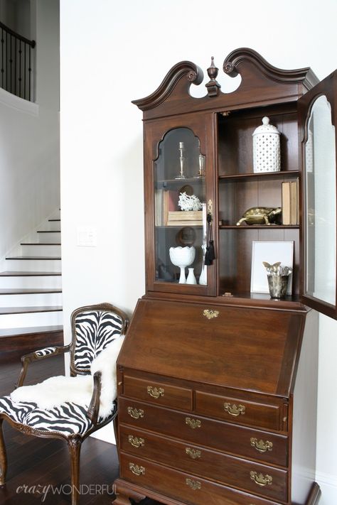 Desk In Dining Room, Secretary Desk With Bookcase, Desk With Bookcase, Styling A Bookcase, Zebra Chair, Vintage Secretary Desk, Antique Secretary Desks, Antique Shelves, Desk Styling