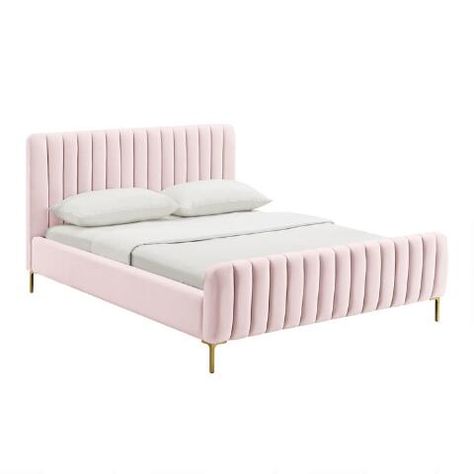 White And Gold Nightstand, Blush Bedding, Dreams Will Come True, Glam Design, Barbie Room, Full Platform Bed, Upholstered Panel Bed, Bed Dimensions, Velvet Bed