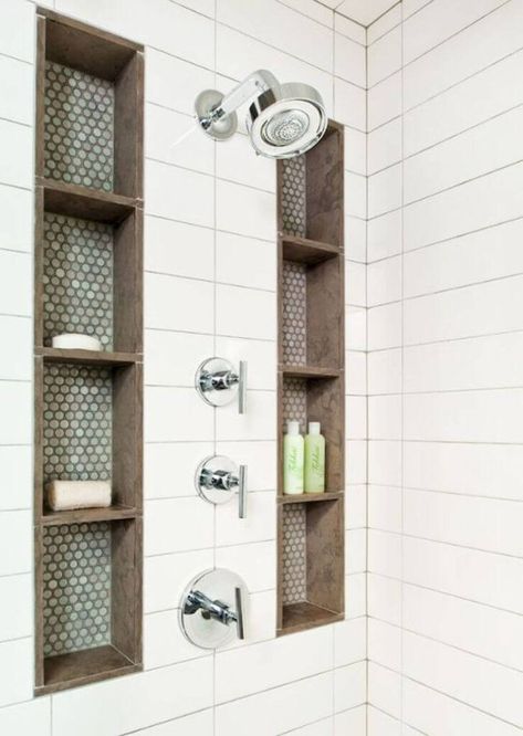 25 Best Built-in Bathroom Shelf and Storage Ideas for 2024 Shower Remodel With Shelves, Tile Shelves Bathroom, Built Shower Shelf, Shower Nook Built Ins, Bathroom In Wall Shelves, Shower Shelf Built In, Walk In Shower Shelf Ideas, Shampoo Storage Ideas, Unique Bathroom Storage Ideas