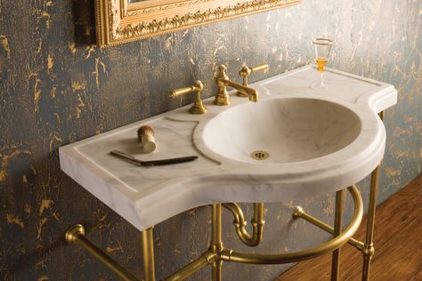 The Stone Forest Renaissance Console is distinguished by the sinuous, semi-circular projection of its basin. The traditional style entry, shown with a four-legged Palmer stand in an aged brass finish, is carved from blocks of Carrara or Calacatta marble. Sunshine Bathroom, Palmer Industries, Chinoiserie Bathroom, Classic Bathrooms, Accessible Bathrooms, Marble Bathroom Sink, Sink Legs, Ada Bathroom, Console Sink