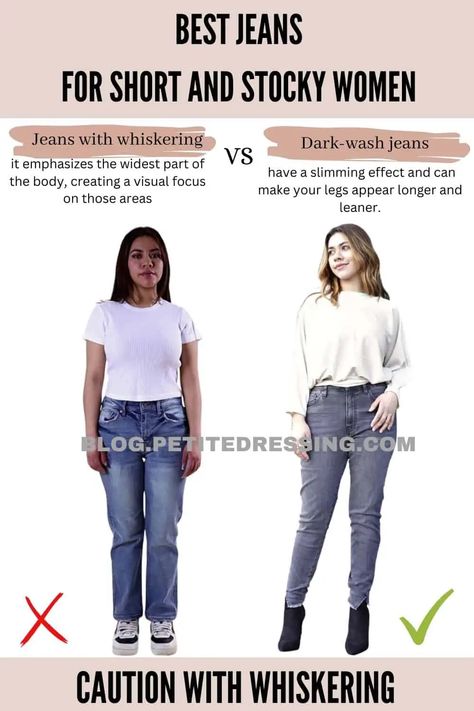 The Jeans Guide for Short and Stocky Women Jeans For Short Curvy Women, Dark Wash Jeans Outfit, Jeans For Short Legs, Jeans For Short, Jeans Guide, Petite Dressing, Short Person, Petite Clothing, Short People