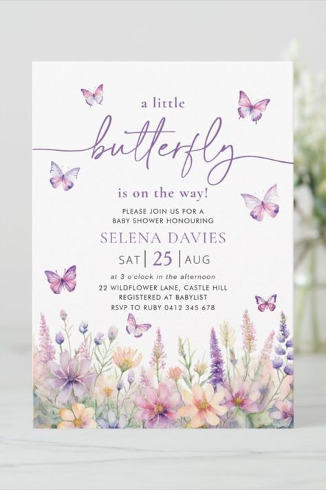 Charming butterfly-themed baby shower invitation adorned with delicate illustrations, ideal for welcoming a little one. Baby Shower Butterfly Invitations, A Butterfly Is On Her Way, A Little Butterfly Is On Her Way Theme, Pink And Purple Baby Shower Ideas, Purple Butterfly Baby Shower Theme, Butterfly Theme Baby Shower Ideas, Baby Shower Butterfly Theme, Butterfly Baby Shower Ideas, Purple Baby Shower Theme