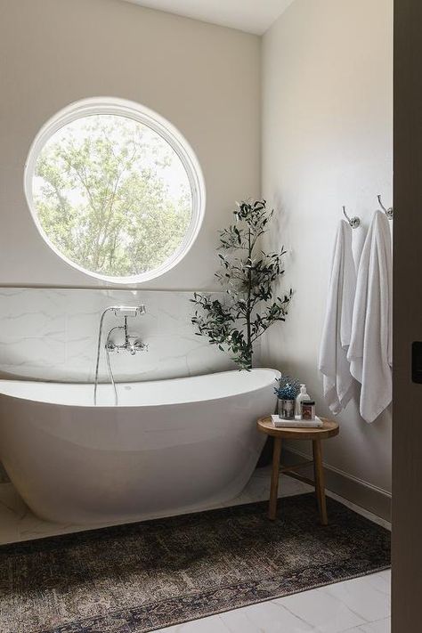 Bathtub Under Window, Tub In Master Bath, Bathtub Nook, Bath Under Window, Bathtub Inspiration, Window Bathroom, Wood Canopy Bed, Tan Leather Sofas, Cottage Dining Rooms