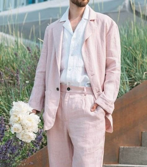 Pastel Linen Suit Men, Pink Men Outfit Formal, Pink Suit Groomsmen, Pastel Suit Men Wedding, Mens Spring Suits, Light Colored Suits For Men, Pink And Green Groomsmen Attire, Wedding Suits Pink, Pastel Suits For Men