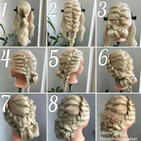 Prom Hairstyles Step By Step, Braid Updo Tutorial, Hairstyles Step By Step, Braids Step By Step, Medium Hair Braids, Messy Hair Updo, Hair Updos Tutorials, Prom Hairstyles Updos, Hairstyle For Long Hair