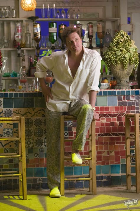 Mamma Mia Colin Firth at colorful mosaic tile bar Mamma Mia Outfits, Mama Mia Party, Mamma Mia Birthday, Mia Outfits, Mamma Mia Vibes, Abba Outfits, Mamma Mia 2, Mamma Mia Aesthetic, Donna Sheridan