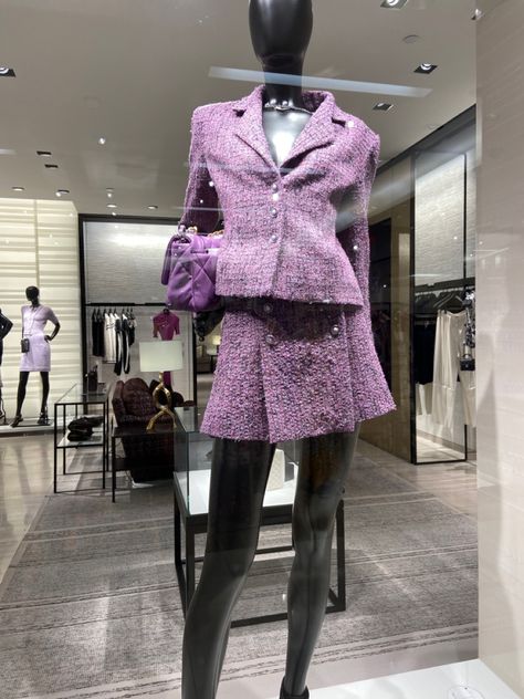 Chanel Skirt And Blazer, Purple Chanel Outfit, Chanel Two Piece Set, Women Purple Suit, Purple Lawyer Aesthetic, Chanel Matching Set, Blazer Outfits For Women Skirt, Purple Old Money Outfits, Chanel Set Outfit