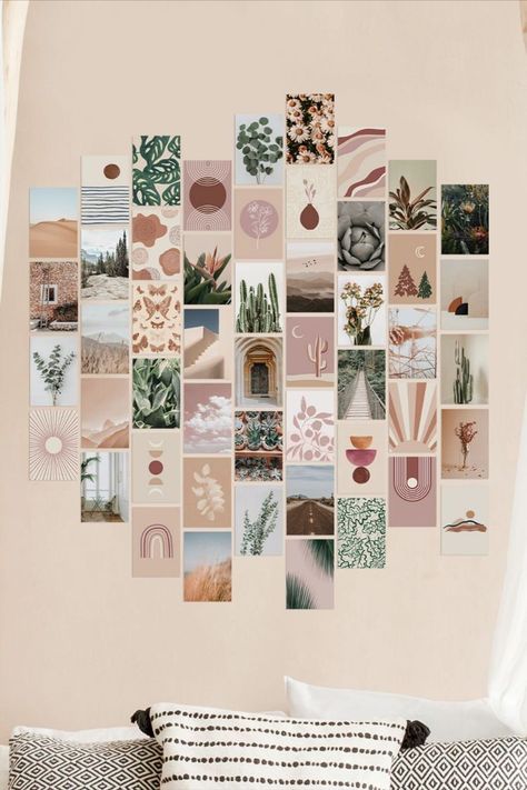 Pinterest Wall Decor Ideas, Aesthetic Wall In Room, Wall Collage Kit Ideas, Wall With Pictures Aesthetic, Wall Collage Set Up, Wall Decor Ideas For Bedroom Aesthetic, Boho Photo Collage Wall, Aesthetic Photo Wall Ideas, Bedroom Wall Picture Ideas