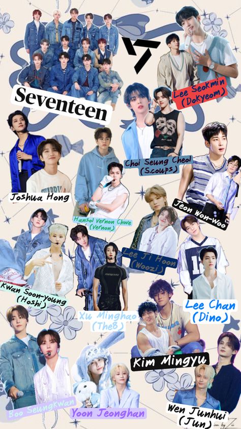 Collage of seventeen members Seventeen Collage Wallpaper, Seventeen Collage, Outfit Konser, Seventeen Ot13, Seventeen Members, Seventeen Wallpaper, Vernon Chwe, Won Woo, Dino Seventeen