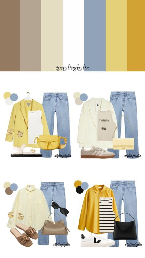 Yellow Color Palette Combination, Yellow Outfit Color Combos, Jeans Color Combination, Bright Spring Outfit Ideas, Yellow Color Combinations Outfits, Blue Outfit Combination, Blue And Yellow Outfit Ideas, Yellow And Blue Outfits, Pastel Yellow Outfit