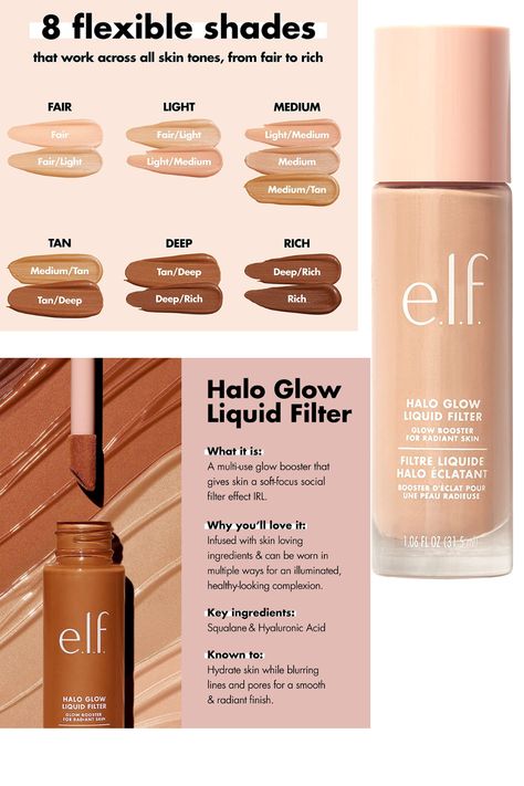 Elf Cosmetics Halo Glow, Elf Foundation Halo Glow, Elf Foundation Shades, Halo Glow Elf, E.l.f. Makeup, Elf Halo Glow, Elf Foundation, Halo Glow Liquid Filter, Elf Concealer