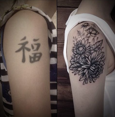 Flower cover up tattoo - The old tattoo are Chinese characters but seeing as they aren’t as dark as they once might have been, it could be easy to cover it up without using too much shades and shadows. The darker parts of the new tattoos are strategically placed on the lines that are harder to conceal. The result is actually pretty impressive. Cover Up Tattoos Before And After, Chinese Writing Tattoos, Chinese Character Tattoos, Flower Cover Up Tattoos, Tatuaje Cover Up, Cover Up Tattoos For Women, Tattoos With Deep Meaning, Chinese Symbol Tattoos, Tattoo Coverup