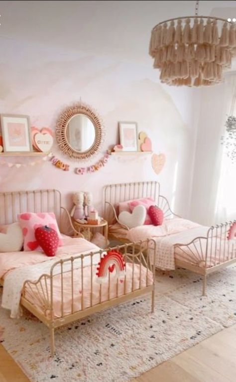 Twins Room Girls Sisters, Triplet Girls Bedroom, Sisters Sharing Room Ideas, Ikea Minnen Bed Girl, Toddler Twin Bedroom Ideas, Twin Girl Bedroom Ideas, Sister Room Ideas, 2 Girls Room, Twin Girls Bedroom