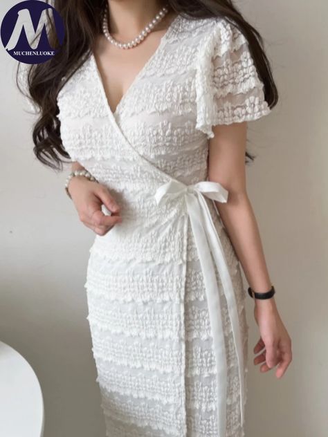 Elegant Dresses for Women Summer New Sexy Crochet Flower Short Sleeve V Neck Dress Fashion Slim Fit Kawr Design, Hanbok Wedding, Skirt Outfits Summer, Simple Frock Design, Tailored Fashion, Bride Dress Simple, Casual Work Outfits Women, Simple Frocks, Fashion Baby Girl Outfits