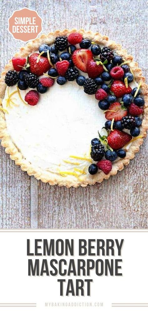 A Lemon Berry Mascarpone Tart is a simple, delicious way to show off all the season’s best berries. A creamy mascarpone filling, a hint of fresh lemon, and four kinds of berries, all on top of a sweet shortbread crust! Mascarpone Tart, Mascarpone Filling, Shortbread Crust, Eat Dessert First, Tart Recipes, Eat Dessert, Perfect Desserts, Summer Desserts, Favorite Desserts