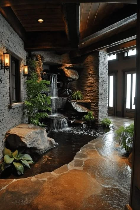 Indoor Pond Ideas, Indoor Pond, Kolam Air, Kolam Koi, Indoor Water Features, Indoor Water Garden, Indoor Waterfall, Pond Ideas, Dream Life House