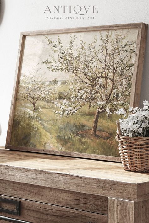 Vintage Tree Painting, Landscape Trees Painting, Bedroom Artwork Ideas Paintings, Vintage Painting Ideas, Vintage Minimalist Decor, Modern Farmhouse Artwork, Beautiful Orchard, Blooming Tree Painting, Spring Blooming Trees