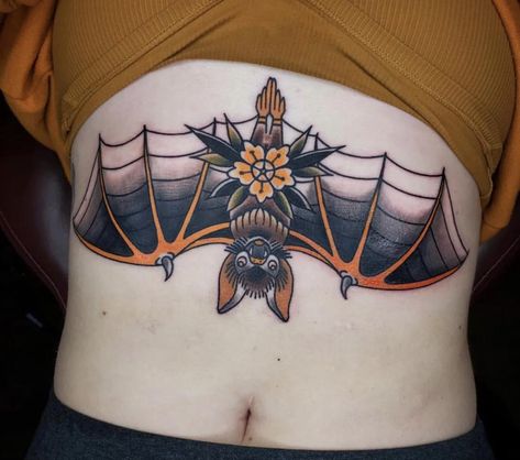 Bat Tattoo Stomach, Trad Bat Tattoo, Traditional Bat Tattoo, Tummy Tattoo, Traditional Style Tattoo, Underboob Tattoo, Bat Tattoo, Sternum Tattoo, Body Is A Temple