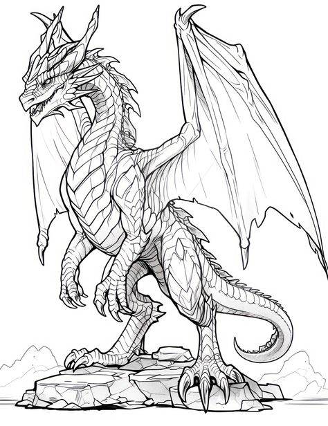 Fantasy Dragon Drawing, Dragon Mythical Creatures, Mythical Creatures Coloring Pages, Dragon Coloring Pages Free Printable, Coloring Pages Dragon, Dragon Line Art, Mechanical Dragon, Epic Dragon, Dragon Coloring Pages