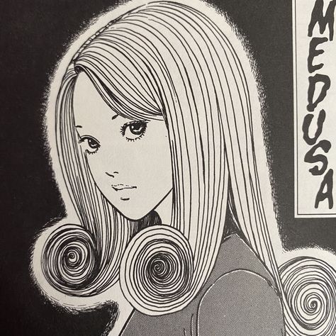 manga panel of woman with spirals in her hair - text reads “medusa” Kirie Goshima, Junji Ito