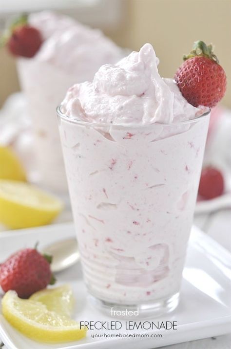 Frosted Strawberry Lemonade Freckled Lemonade, Frozen Strawberry Lemonade, Strawberry Lemonade Recipe, Frosted Lemonade, Frozen Lemonade, Leigh Anne, Milk Shakes, Ice Cream Treats, Lemonade Recipes