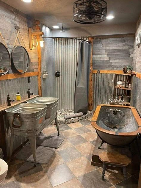 Western Bathroom Ideas Farmhouse, Cowboy Bathroom Ideas, Tin Shower Walls, Western Style Bathroom, Western Bathroom Ideas, Rustic Spa, Tin Bathroom, Plumbing Humor, Rustic Bathroom Shower