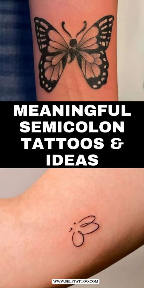 Unlock the symbolism of semicolon tattoos with our insightful guide, offering a deeper understanding of this punctuation-inspired ink. Explore minimalist tattoo ideas featuring small butterflies, flowers, stars, and sun motifs. Dive into our article for inspiration that celebrates resilience and hope Semicolon Tattoo Meaning, Semicolon Tattoos, Butterfly Wing Tattoo, Self Tattoo, Meaningful Symbol Tattoos, Colon Tattoo, Small Butterflies, Minimalist Tattoo Ideas, Unique Small Tattoo