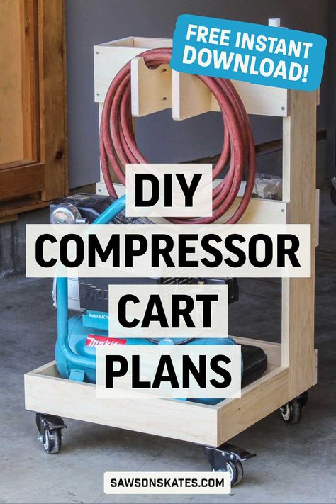 Air Compressor Cart Diy, Dewalt Tool Storage Diy, Garage Charging Station Diy, Pancake Compressor Cart, Dewalt Garage, Air Compressor Storage, Diy Air Compressor, Diy Wood Projects For Home, Air Compressor Cart