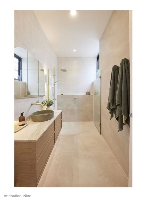 The Block Bathrooms, Block Bathrooms, The Block Bathroom, Dark Grey Laminate Flooring, Bathrooms 2024, Ensuite Renovation, Brown Laminate Flooring, Guest Ensuite, Cosy Bathroom