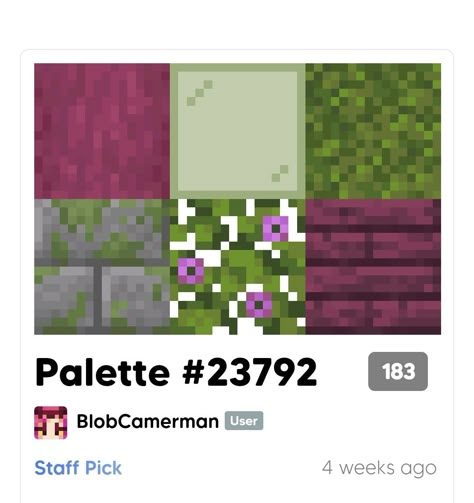 Minecraft Skin Color Palette, Minecraft Path Block Palette, Minecraft Green Block Palette, Best Minecraft Block Combinations, Block Palets Minecraft, Pink Minecraft Block Pallete, Building Pallets Minecraft, Mangrove Block Palette, Minecraft Block Palate